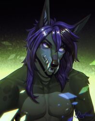  anthro canid canine fangs fur green_body green_fur hair headshot_portrait hi_res hybrid jaw male mammal nipples portrait purple_eyes purple_hair road~abelgeym solo teeth 