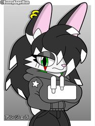  2024 3:4 angelette_bunkiller_(bunnyangelbun) anthro black_clothing black_hair bunnyangelbun clothing digital_drawing_(artwork) digital_media_(artwork) ear_piercing ear_ring female fur green_eyes hair hi_res japanese_text lagomorph leporid mammal piercing rabbit ring_piercing rule_63 scar serious_face simple_background solo sweater text topwear white_body white_fur 