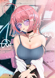  ahoge aqua_hair bare_shoulders black_choker breasts camisole chain_necklace chains choker cigarette cleavage collarbone ear_piercing earrings female graffiti grey_camisole hal_(ojou) head_tilt highres holding holding_cigarette hoop_earrings idolmaster idolmaster_cinderella_girls jacket jacket_partially_removed jewelry large_breasts looking_at_viewer mouth_hold multicolored_hair necklace piercing pink_hair ribbed_camisole round_eyewear short_hair solo strap_slip stud_earrings tinted_eyewear two-tone_hair white_jacket wing_print yumemi_riamu 