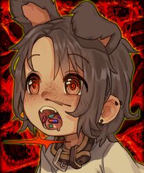  @_@ abstract_background absurdres animal_ears bad_id bad_twitter_id belt_collar collar drugged drugs ear_piercing female grey_eyes grey_hair highres motion_lines multiple_piercings open_mouth original piercing pill portrait red_background shirt short_hair solo syrupmelty white_shirt 