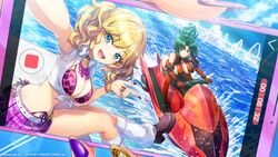  2girls bikini blonde_hair blue_eyes bracelet breasts cellphone collar dolphin_wave elbow_gloves gloves green_eyes green_hair gyaru hair_intakes harunami_anri highres izumi_kiri jet_ski jewelry large_breasts loose_socks multiple_girls nail_polish ocean official_art ootomo_takuji panties phone pleated_skirt ponytail print_bikini selfie short_sleeves skirt smartphone socks string_panties swimsuit thighhighs twintails underwear wavy_hair 