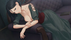  black_hair book breasts cleavage corset couch dress fata_morgana_no_yakata feet_out_of_frame female giselle_(fata_morgana_no_yakata) green_hair highres indoors leaning long_dress miura-n315 on_couch short_hair solo 