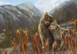  2020 ambiguous/ambiguous ambiguous_gender canon_couple cattail_(plant) closed_eyes cuddling detailed detailed_fur domestic_cat duo_focus felid feline felis female_(lore) feral firestar_(warriors) fur graystripe_(warriors) grey_body grey_fur group male_(lore) mammal mountain official_art orange_body orange_fur outside paws plant river shaded silverstream_(warriors) sitting sky smile tabby_cat tree trio warriors_(book_series) whiskers yellow_eyes zilven 