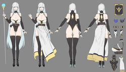  absurdres ass backboob bare_shoulders belt black_belt black_leotard blue_eyes book bottle breasts clothes_on/clothes_off commentary_request dangle_earrings dawalixi detached_sleeves dress earrings female from_behind full_body grey_background grimoire high_heels highres huge_breasts jewelry leotard long_hair mage_staff mole mole_on_breast multiple_views original reference_sheet simple_background standing thigh_gap thighhighs turnaround variations very_long_hair white_dress white_hair 