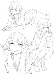  :p blush bow bowtie condom condom_in_mouth female half-closed_eyes line_art loafers long_sleeves loose_bowtie lying monochrome mouth_hold multiple_views on_side original own_hands_together pleated_skirt ryuuta_(msxtr) school_uniform shoes short_hair skirt smile socks squatting sweater_vest tongue tongue_out 