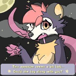  1:1 american_opossum anthro breasts cheek_tuft cloud collar digital_media_(artwork) facial_tuft fangs female fur grey_nose hi_res kujo mammal marsupial moon multicolored_body multicolored_face multicolored_fur night open_mouth outside pink_hands pink_tail pixel_(artwork) round_ears solo star tail teeth text tuft whiskers worried yellow_eyes 