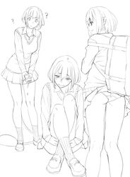  :s ? accidental_exposure ass bag clothes_lift convenient_leg covering_crotch covering_privates feet_out_of_frame female from_behind holding holding_hose hose kneepits line_art loafers monochrome multiple_views original panties pleated_skirt profile ribbed_socks ryuuta_(msxtr) school_bag school_uniform shoes short_hair sitting skirt skirt_lift smile socks sweater_vest underwear upper_body wavy_mouth 