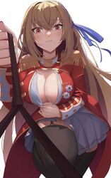  aiguillette azur_lane black_garter_straps black_thighhighs blonde_hair blue_ribbon blush breasts buttons cleavage commission crossed_bangs female garter_straps hair_ribbon highres holding holding_leash king_george_v_(azur_lane) large_breasts leash long_hair looking_at_viewer lud medal military_uniform parted_lips pleated_skirt pov red_eyes red_uniform ribbon simple_background skirt solo thighhighs uniform very_long_hair white_background white_skirt 