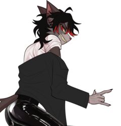  anthro black_bottomwear black_clothing black_hair black_jacket black_latex black_pants black_topwear bottomwear clothing devil_horns_(gesture) domestic_cat felid feline felis gesture hair hand_gesture highlights_(coloring) jacket latex latex_bottomwear latex_clothing latex_pants looking_at_viewer looking_back male mammal pants rae_(vampimorph) red_eyes red_hair shirt solo t-shirt topwear vampimorph vampire white_clothing white_shirt white_t-shirt white_topwear 