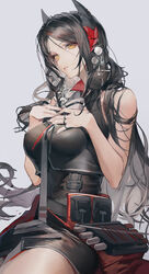  absurdres arknights bare_shoulders black_dress black_hair breasts commentary cowboy_shot cross-shaped_pupils dress english_commentary female grey_background hands_on_own_chest highres horns ines_(arknights) jewelry large_breasts long_hair looking_at_viewer multiple_rings parted_lips pouch ring simple_bat sleeveless sleeveless_dress solo symbol-shaped_pupils vvvviiiiiia yellow_eyes 