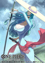  black_choker blue_eyes blue_hair breasts charlotte_amande choker cigarette cloud cloudy_sky commentary_request copyright_name cowboy_shot dress earrings female floating_clothes jewelry large_hat long_dress long_hair long_sleeves looking_at_viewer official_art one_piece one_piece_card_game otton sash sky solo striped_clothes striped_dress unsheathed vertical-striped_clothes vertical-striped_dress 