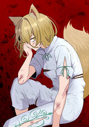  absurdres animal_ear_fluff animal_ears arm_at_side blonde_hair closed_mouth commentary_request defeat feet_out_of_frame female fox_ears fox_girl fox_tail from_side green_ribbons hair_between_eyes hand_up highres knee_up kudamaki_tsukasa looking_at_viewer medium_hair nara_(gsx250r_anzio) neck_ribbon profile red_background ribbon scar scar_on_arm scar_on_face scar_on_leg simple_background sitting sleeve_ribbon slit_pupils solo tail tail_raised torn_clothes touhou white_romper yellow_eyes 