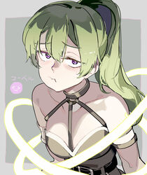  bare_shoulders breasts character_name collarbone emoji female green_hair high_ponytail highres looking_at_viewer pout purple_eyes pursed_lips solo sorganeil sousou_no_frieren tennohi ubel_(sousou_no_frieren) upper_body 