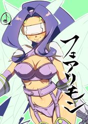  blue_hair breasts character_name cleavage covered_nipples digimon digimon_(creature) facial_mark fairimon fairy_wings female head-mounted_display head_wings high_ponytail highres koutei_teki large_breasts long_hair multiple_wings musical_note navel panties purple_panties purple_tube_top revealing_clothes smile solo speech_bubble spoken_musical_note strapless translated tube_top underwear wings 