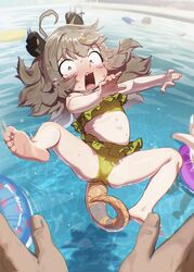  ahoge bikini borrowed_character feet female frilled_bikini frills highres innertube light_brown_hair loffo long_hair macci_(opossumachine) messy_hair navel original pool possum_ears possum_girl possum_tail pov pushing spread_legs swim_ring swimsuit 