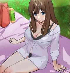  bikini bikini_under_clothes black_bikini blue_eyes breasts brown_hair commentary_request female hibike!_euphonium kuroe_mayu large_breasts long_hair looking_at_viewer misogi_(misogi1341) picnic see-through see-through_shirt shirt sitting smile solo swimsuit 