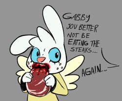  angel angel_gabby angel_hare anthro blood blood_in_mouth blue_eyes bodily_fluids dialogue eating english_text female food freckles gglloooopp grey_background hare lagomorph leporid mammal meat simple_background solo text the_east_patch white_body wings 