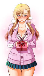  asymmetrical_bangs blonde_hair blue_skirt blush breasts cardigan cleavage commentary_request cowboy_shot female gift green_eyes highres holding holding_gift incoming_gift kuzuryuu_hanako large_breasts long_hair looking_at_viewer miniskirt necktie official_art open_mouth pink_background pink_cardigan pink_scrunchie school_uniform scrunchie skirt sogabe_toshinori solo striped_necktie translation_request yankee_jk_kuzuhana-chan 