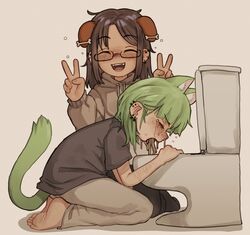  2girls amen_break_(syrupmelty) animal_ear_fluff animal_ears bad_id bad_twitter_id barefoot bone_hair_ornament brown_hair cat_ears cat_girl cat_tail closed_eyes crying dog_ears fangs glasses green_hair grey_hoodie grey_shirt hair_ornament highres hood hoodie long_sleeves medium_hair multiple_girls multiple_piercings original pants scar shirt short_sleeves squeans syrupmelty tail toilet v vomit vomiting white_background 