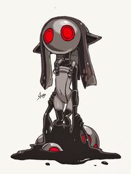  black_hair black_skin bodysuit colored_skin commentary_request female full_body glowing glowing_eyes highres jelleton long_hair mask parallel_canon red_eyes shogo_(shogo70449442) simple_background sleeveless sleeveless_bodysuit splatoon_(series) splatoon_3 splatoon_3:_side_order standing standing_on_liquid tentacle_hair white_background white_bodysuit 