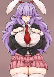  :v animal_ears black_vest blush breasts brown_background closed_mouth collared_shirt commentary_request cowboy_shot female hair_over_eyes hands_on_own_chest highres huge_breasts long_hair long_sleeves looking_at_viewer necktie pink_skirt purple_hair rabbit_ears rabbit_girl red_eyes red_necktie reisen_udongein_inaba shirt simple_background skirt smile solo thighhighs thighs touhou vest washiwa white_shirt white_thighhighs 