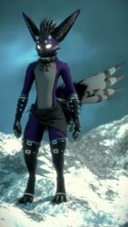  3d_(artwork) 4k 9:16 absurd_res alternative_fashion anthro arm_warmers armwear black_body black_clothing black_fur blender_(artwork) buckle claws clothing collar digital_media_(artwork) feathers fluffy fluffy_tail fur glowing glowing_eyes goth grey_body grey_fur hi_res horn male mountain no_pupils parrybow paws purple_body purple_fur quills_(anatomy) rexouium snow solo spiked_armwear spiked_collar spiked_legwear spikes tail tail_feathers unknown_artist 