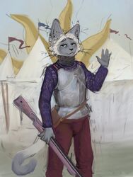  2022 anthro banoncat banoncat_(character) chainmail chest_armor clothing gesture gun hi_res looking_at_viewer male medieval_armor medieval_clothing military_uniform musket outside ranged_weapon sling_bag solo standing tents uniform waving waving_at_viewer weapon whiskers 