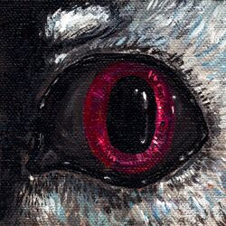  1:1 2024 absurd_res acrylic_painting_(artwork) ambiguous_gender anthro avali avian bird black_body black_fur black_sclera canvas_texture close-up eye_shot eye_waterline eyes_close-up feathers fur fyr_(fenrir784) hi_res looking_at_viewer maleherm_(lore) painting_(artwork) purple_eyes red_eyes solo tempera_(artwork) traditional_media_(artwork) varnish_(artwork) white_body white_fur woronyonok 