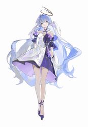  aco_gbfg bare_legs bare_shoulders blue_eyes blue_hair choker detached_sleeves dress female full_body gloves hand_up highres honkai:_star_rail honkai_(series) long_hair purple_choker purple_footwear robin_(honkai:_star_rail) short_sleeves simple_background solo standing strapless strapless_dress very_long_hair white_background white_gloves 