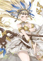  armlet banamons blonde_hair bracer breasts circlet cleavage feathers female granblue_fantasy headdress highres long_hair petra_(granblue_fantasy) solo staff 