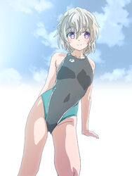  blue_sky cloud collarbone commentary_request competition_swimsuit covered_navel female grey_hair grey_one-piece_swimsuit hair_between_eyes hal-py high_school_fleet leaning_to_the_side one-piece_swimsuit purple_eyes short_hair sky smile solo standing swimsuit tateishi_shima two-tone_swimsuit 