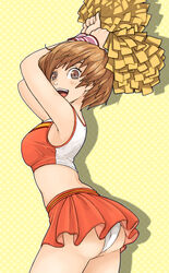  arms_up ass brown_eyes brown_hair cheerleader crop_top female highres looking_at_viewer official_alternate_costume open_mouth panties persona persona_4 persona_4_the_golden polka_dot polka_dot_background pom_pom_(cheerleading) satonaka_chie short_hair solo sugajyun underwear white_panties wristband 