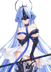  absurdres alsace_(azur_lane) armored_boots azur_lane bare_shoulders blue_eyes blue_hair blue_ribbon boots breast_ribbon breasts collarbone commentary_request covering_one_breast covering_privates dress female gauntlets halo highres holding holding_pole large_breasts lieend light_smile long_hair looking_at_viewer mask mechanical_halo pole ribbon simple_background solo thigh_boots very_long_hair white_background white_dress 