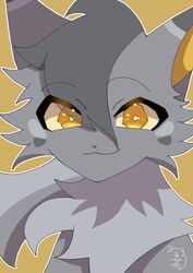  2022 :3 ambiguous_gender cel_shading domestic_cat eye_through_hair felid feline felis feral fluffy fur glistening glistening_eyes graystripe_(warriors) grey_body grey_fur grey_hair hair hi_res kemono looking_at_viewer male_(lore) mammal mirucha0804 neck_tuft outline shaded signature simple_background smile solo translucent translucent_hair tuft warriors_(book_series) white_outline yellow_background yellow_eyes yellow_inner_ear yellow_nose 