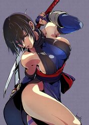  absurdres bare_shoulders black_hair blue_eyes blue_gloves breasts dual_wielding elbow_gloves female gloves heterochromia highres holding holding_sword holding_weapon japanese_clothes leg_tattoo looking_at_viewer ninja partially_fingerless_gloves red_eyes reverse_grip samurai_spirits shiki_(samurai_spirits) short_hair short_sword snake_tattoo snk solo strikebeagle sword tantou tattoo weapon 