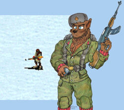  ak-47 ak_platform anthro assault_rifle bear blue_eyes boris_(command_and_conquer) clothing command_and_conquer commando communism electronic_arts electronics gun hat headgear headwear holding_assault_rifle holding_gun holding_object holding_ranged_weapon holding_weapon kiyar_longeared laser_pointer male mammal military military_uniform pockets politics radio ranged_weapon red_alert_(series) red_alert_2 rifle snow solo sprite uniform ushanka walkie-talkie weapon 