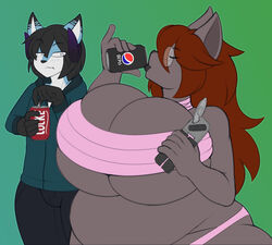  anthro belly bepis beverage big_breasts bleok blush breasts can_opener closed_eyes clothed clothing demon digital_media_(artwork) domestic_cat duo eyewear felid feline felis female fur glasses grey_body grey_fur hair huge_breasts hyper hyper_breasts lips looking_confused male mammal nonbinary_(lore) overweight overweight_female ribbons ribbons_(bradythewwefan) simple_background slightly_chubby thick_lips thick_thighs wastedtime 