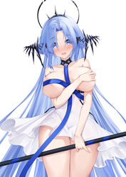  :o absurdres alsace_(azur_lane) armored_boots azur_lane bare_shoulders blue_eyes blue_hair blue_ribbon blush boots breast_ribbon breasts collarbone commentary_request covering_one_breast covering_privates dress female gauntlets halo highres holding holding_pole large_breasts lieend long_hair looking_at_viewer mechanical_halo pole ribbon simple_background solo thigh_boots very_long_hair white_background white_dress 