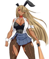  absurdres animal_ears bare_shoulders blonde_hair blue_skirt bow bowtie breasts cleavage collarbone dark-skinned_female dark_skin fake_animal_ears female fishnets gyaru hair_over_one_eye highres holding jewelry large_breasts leotard long_hair looking_at_viewer original pantyhose playboy_bunny pleated_skirt purple_eyes rabbit_ears shirt simmsy simple_background skirt solo standing torn_clothes torn_pantyhose very_long_hair weapon white_background wrist_cuffs 