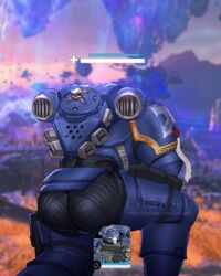  1boy adeptus_astartes armor ass ass_focus back blue_armor english_commentary full_armor gameplay_mechanics goddess_of_victory:_nikke gun health_bar holding holding_bolter holding_gun holding_weapon huge_ass jetpack kneeling lmgart male_focus mask meme nikke&#039;s_shooting_pose_(meme) parody power_armor shoulder_armor skull_mask solo ultramarines warhammer_40k warhammer_40k:_space_marine weapon 