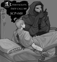  2024 5_fingers alien alien_humanoid anthro arm_scar avian beak bed biped bird black_text character_name cloak clothed clothed_anthro clothed_humanoid clothed_male clothing dialogue duo eye_contact fingers furniture gloves greyscale hair handwear holding_object holding_pen hood hospital_bed hospital_gown humanoid humanoid_pointy_ears intravenous intravenous_drip introduction keplerian looking_at_another lying male male_anthro male_humanoid monochrome name_in_dialogue pen pillow scar scp-049 scp-6118 scp_foundation seam_(sewing) shaded shawl text tiredsn0w under_covers white_text 