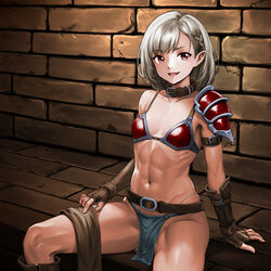  :d abs arm_belt armor belt belt_buckle belt_collar bikini_armor blue_loincloth braid breasts brick_wall brown_belt brown_collar brown_gloves buckle cleavage collar collarbone female fingerless_gloves gloves highres loincloth medium_breasts minamoto80486 navel open_mouth original paid_reward_available red_armor red_eyes ringed_eyes short_hair single_bare_shoulder single_shoulder_pad sitting smile solo toned toned_female white_hair 