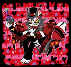  absurd_res anthro bottle chico clothed clothing container demon domestic_cat dripping_heart feathered_wings feathers felid feline felis hat hazbin_hotel headgear headwear hi_res husk_(hazbin_hotel) male mammal poison_(final_fight) solo suspenders tail teeth wings yellow_teeth 