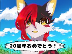  4:3 black_body black_fur bodily_fluids braided_hair cloud crying domestic_cat eyebrows felid feline felis female feral fur grass hair hi_res japanese_description japanese_text kemono looking_at_viewer mammal mirucha0804 open_mouth open_smile outside plant red_hair sky smile solo spottedleaf_(warriors) tears text translated translated_description warriors_(book_series) white_body white_fur yellow_eyes yellow_inner_ear yellow_mouth yellow_nose 