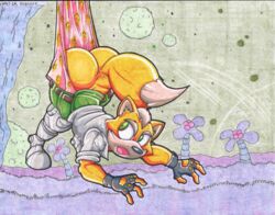  anthro ass big_butt boxers_(clothing) canid canine clothing dipstick_tail fingerless_gloves fluffy fluffy_tail fox fox_mccloud fur gloves green_eyes handwear looking_back male mammal markings multicolored_body multicolored_fur nintendo orange_body orange_fur solo star_fox tail tail_markings traditional_media_(artwork) two_tone_body two_tone_fur underwear virus-20 wedgie white_body white_fur 