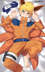  1boy animal_ears barefoot bed bed_sheet blonde_hair blue_eyes commentary_request extra_ears facial_mark feet fingernails forehead_protector fox_ears fox_tail from_above g1_(jjw00123) highres jumpsuit long_sleeves looking_at_viewer lying male_focus multiple_tails naruto naruto_(series) ninja on_back on_bed orange_jumpsuit short_hair smile solo spiked_hair tail teeth toenails toes uzumaki_naruto whisker_markings 