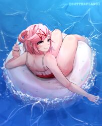  absurdres afloat artist_name bare_shoulders blush butterflan01 casual_one-piece_swimsuit closed_mouth commentary cupcake doki_doki_literature_club doughnut_innertube eyelashes female food from_above from_behind full_body hair_ornament hair_ribbon highres holding holding_food innertube looking_at_viewer looking_back looking_up natsuki_(doki_doki_literature_club) on_innertube one-piece_swimsuit partially_submerged pink_eyes pink_hair red_one-piece_swimsuit red_ribbon ribbon romaji_commentary short_hair sitting smile soaking_feet soaking_hands solo sprinkles swept_bangs swim_ring swimsuit twitter_username two_side_up water waves x_hair_ornament 