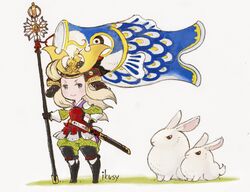  animal armor artist_name black_footwear blonde_hair blue_eyes boots bravely_default:_flying_fairy bravely_default_(series) commentary doyagao edea_lee female helmet highres ikusy japanese_armor kabuto_(helmet) katana kodomo_no_hi koinobori official_art rabbit sheath sheathed smile smug standing sword weapon windsock 