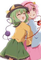  2girls :d ^_^ bloom blue_shirt closed_eyes feet_out_of_frame frilled_shirt_collar frills green_hair green_skirt hair_between_eyes happy hat heart heart_of_string hug hug_from_behind komeiji_koishi komeiji_satori light_blush long_sleeves looking_at_another looking_back medium_hair multiple_girls namori_(style) open_mouth petticoat pink_eyes pink_hair pink_skirt sasaki_sakiko shirt siblings simple_background sisters skirt smile third_eye touhou white_background wide_sleeves yellow_shirt 