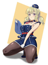  ascot belt blonde_hair blue_ascot blue_footwear blue_skirt blue_tank_top blue_towel blush breasts cleavage closed_mouth clothes_pull collarbone dolphin female flight_attendant flight_attendant_hat frown garrison_cap gloves hat highres holding holding_towel kafuru_(senran_kagura) kneeling looking_at_viewer low_twintails macaroni_(dontakadx) medium_breasts multicolored_ascot pantyhose pencil_skirt purple_eyes red_ascot red_belt senran_kagura senran_kagura_estival_versus senran_kagura_new_link shiny_skin short_twintails simple_background skirt skirt_pull skirt_tug solo tank_top towel travel_attendant twintails two-tone_background uniform white_ascot white_background white_gloves yellow_ascot yellow_background 